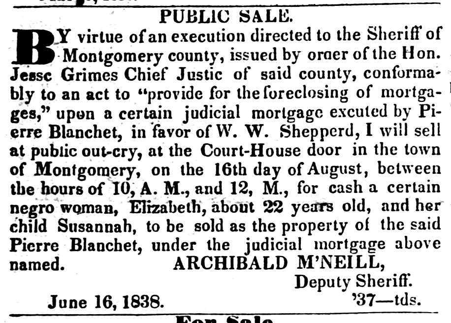 1838 Legal Notice Mentioning W. W. Shepperd